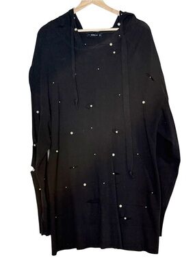Zara Knit Ripped Pearl Embellished Oversized Black Hooded Sweater Size L Grunge